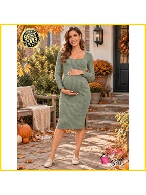 Long Sleeve Knit Ribbed Maternity Sweater Dress Fall Winter Midi